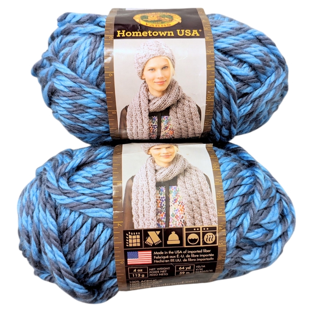 (2) Lion Brand Yarn Hometown USA Acrylic Variegated Ocean Blue Gray 4 Oz. Each